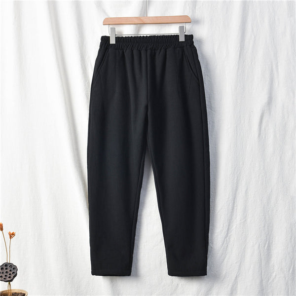 Women Wrinkle Linen and Cotton Tapered Pants With Velvet Inside