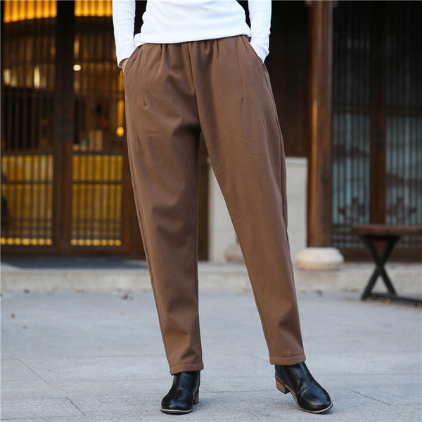 Women Wrinkle Linen and Cotton Tapered Pants With Velvet Inside