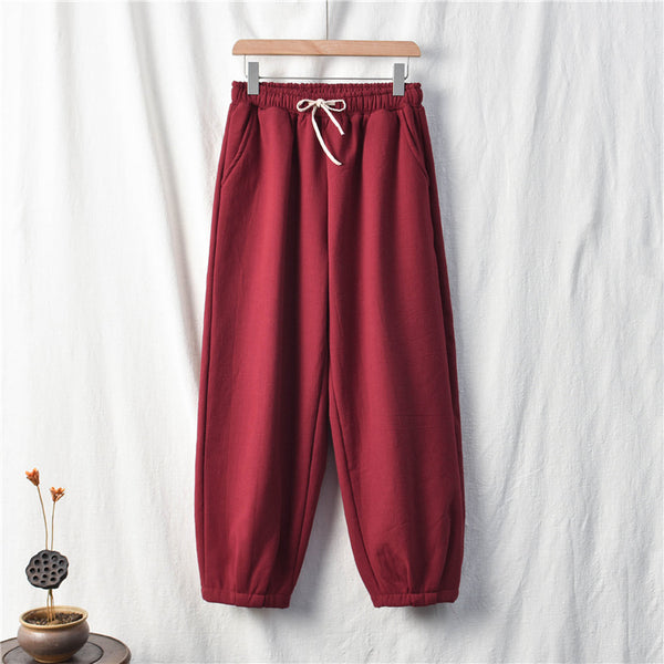 Women Exotic Style Wrinkle Linen and Cotton Lantern Pants With Velvet Inside