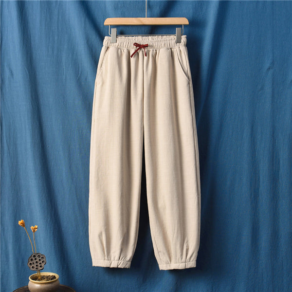 Women Exotic Style Wrinkle Linen and Cotton Lantern Pants With Velvet Inside