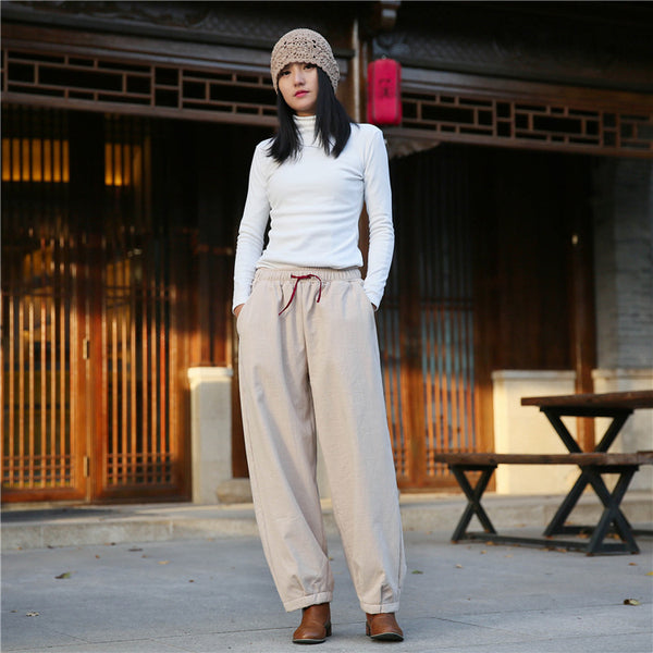 Women Exotic Style Wrinkle Linen and Cotton Lantern Pants With Velvet Inside