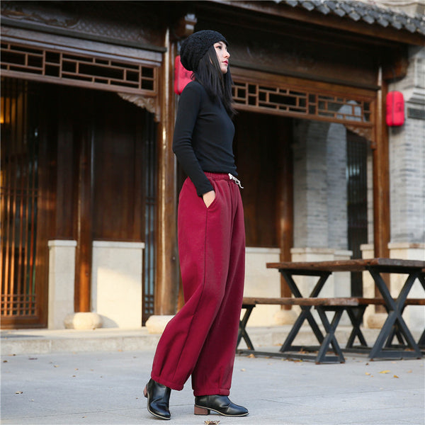 Women Exotic Style Wrinkle Linen and Cotton Lantern Pants With Velvet Inside