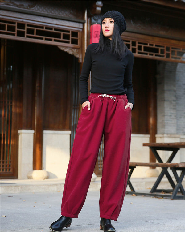 Women Exotic Style Wrinkle Linen and Cotton Lantern Pants With Velvet Inside