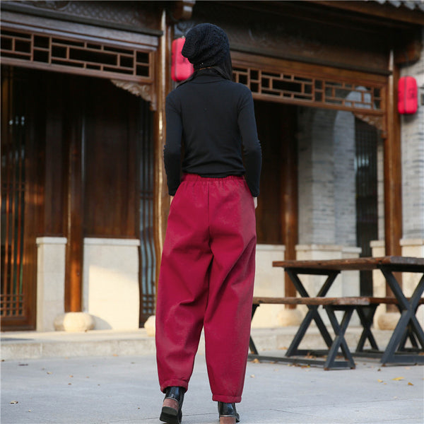 Women Exotic Style Wrinkle Linen and Cotton Lantern Pants With Velvet Inside