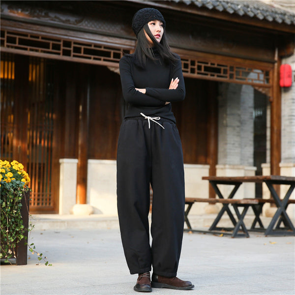 Women Exotic Style Wrinkle Linen and Cotton Lantern Pants With Velvet Inside