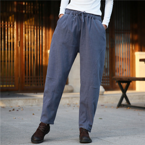 Women Wrinkle Linen and Cotton Lantern Pants With Velvet Inside
