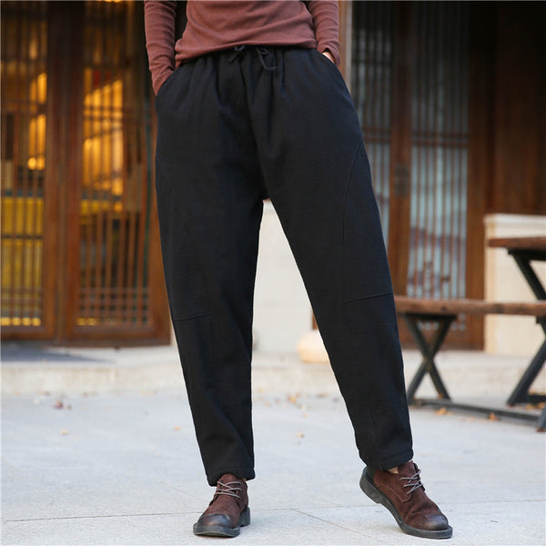 Women Wrinkle Linen and Cotton Lantern Pants With Velvet Inside