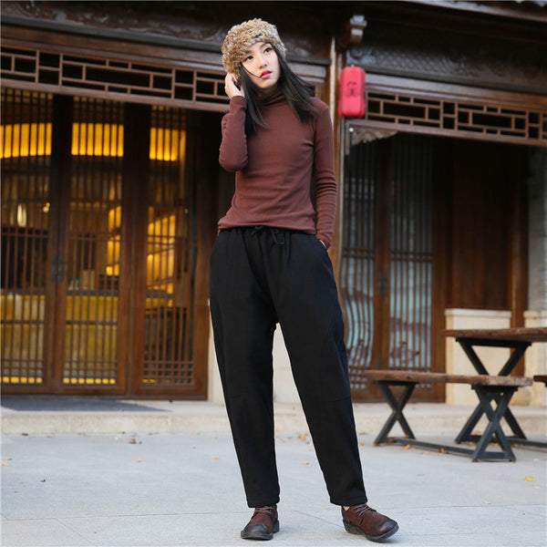 Women Wrinkle Linen and Cotton Lantern Pants With Velvet Inside