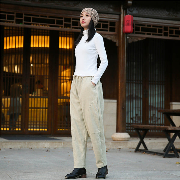 Women Wrinkle Linen and Cotton Lantern Pants With Velvet Inside