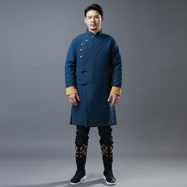 Men Simple Pure Color Style Linen and Cotton Middle Length Side Buckle Quilted Jacket