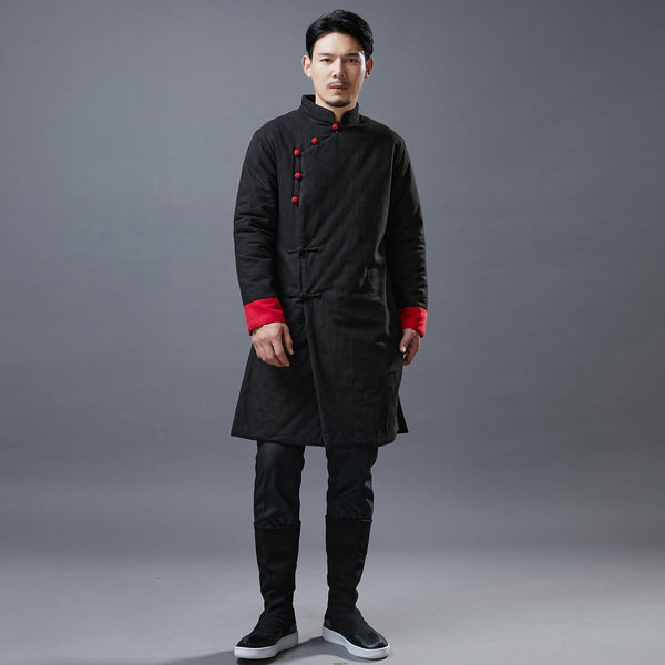 Men Simple Pure Color Style Linen and Cotton Middle Length Side Buckle Quilted Jacket