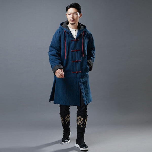 Men Simple Casual Style Linen and Cotton Middle Length Buckle Quilted Hoodie Coat