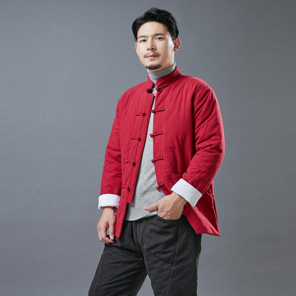 Men Asian Style Linen and Cotton Chinese Buckle Quilted Jacket