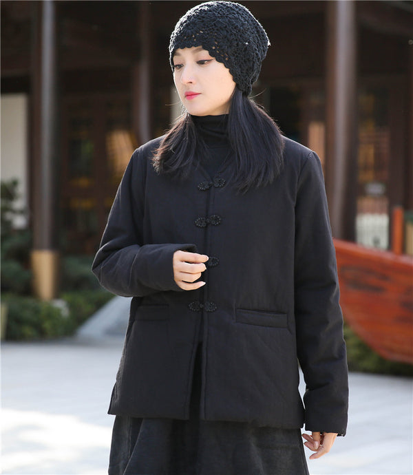 Women Chinese Artsy Short Length Linen and Cotton Chinese Buckle Quilted Coat