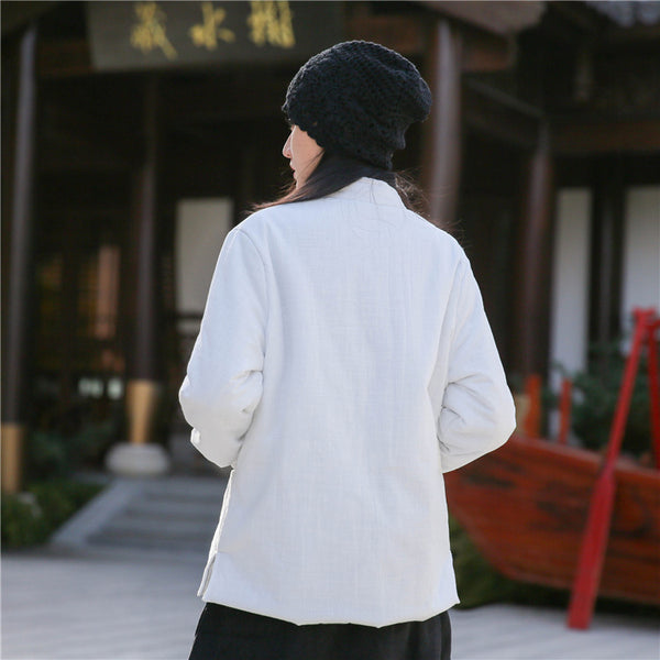 Women Chinese Artsy Short Length Linen and Cotton Chinese Buckle Quilted Coat
