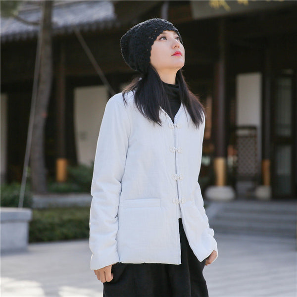 Women Chinese Artsy Short Length Linen and Cotton Chinese Buckle Quilted Coat