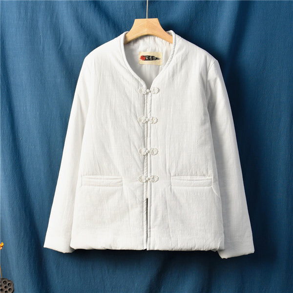 Women Chinese Artsy Short Length Linen and Cotton Chinese Buckle Quilted Coat
