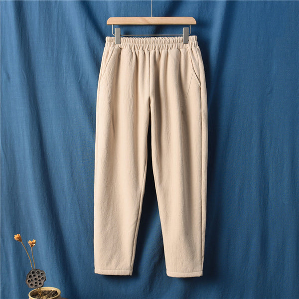 Women Wrinkle Linen and Cotton Tapered Pants With Velvet Inside