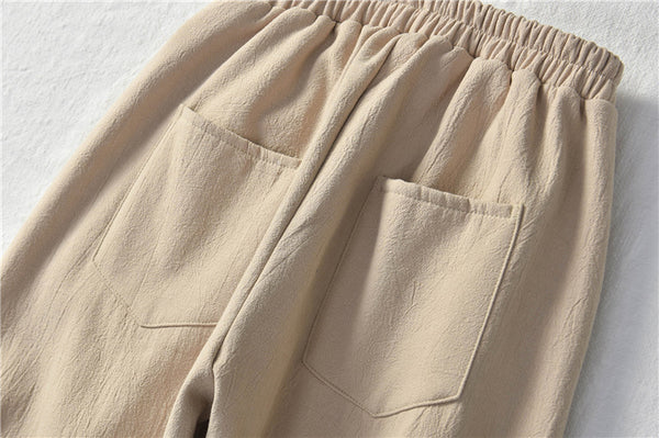 Women Wrinkle Linen and Cotton Tapered Pants With Velvet Inside