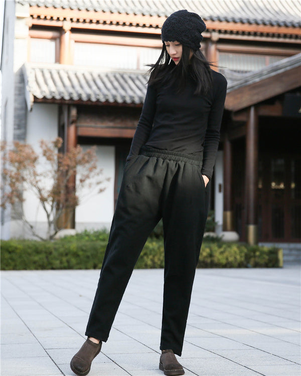 Women Wrinkle Linen and Cotton Tapered Pants With Velvet Inside