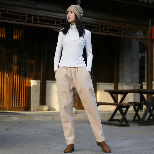 Women Wrinkle Linen and Cotton Tapered Pants With Velvet Inside