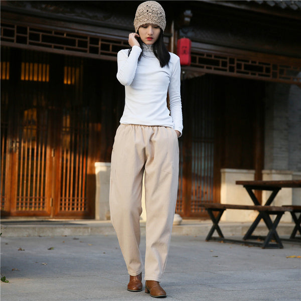 Women Wrinkle Linen and Cotton Tapered Pants With Velvet Inside