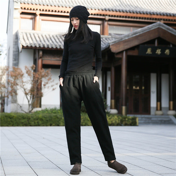 Women Wrinkle Linen and Cotton Tapered Pants With Velvet Inside