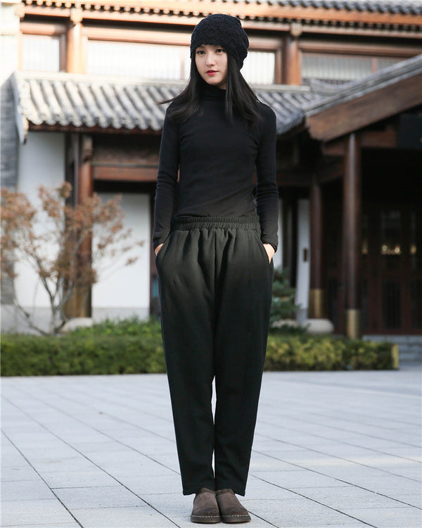 Women Wrinkle Linen and Cotton Tapered Pants With Velvet Inside