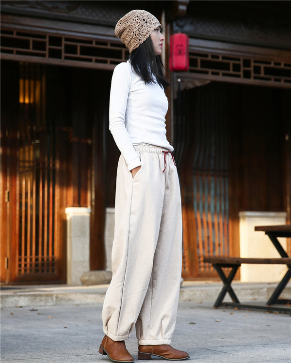 Women Exotic Style Wrinkle Linen and Cotton Lantern Pants With Velvet Inside