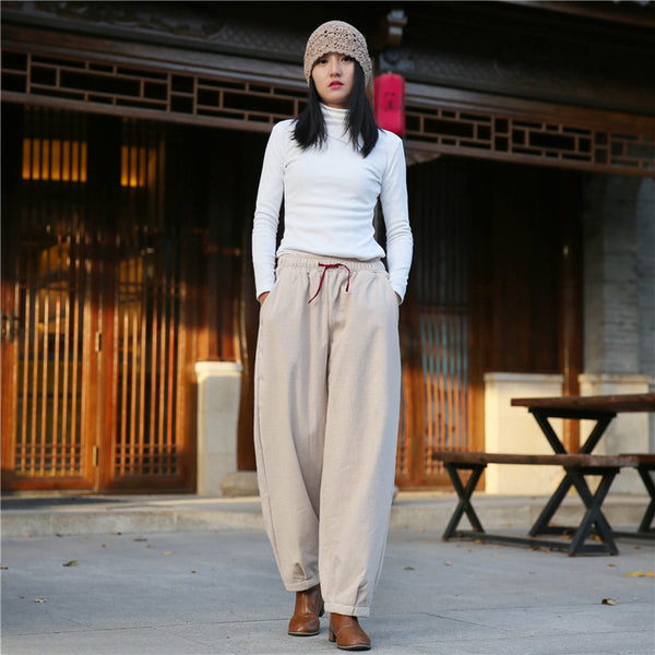 Women Exotic Style Wrinkle Linen and Cotton Lantern Pants With Velvet Inside