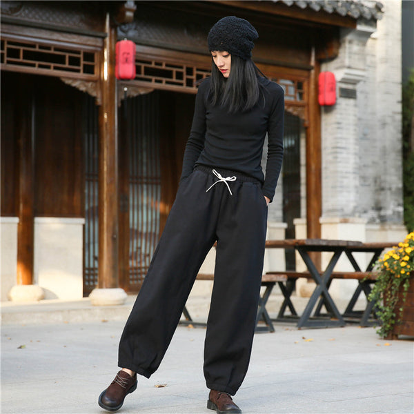 Women Exotic Style Wrinkle Linen and Cotton Lantern Pants With Velvet Inside