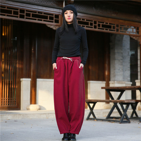 Women Exotic Style Wrinkle Linen and Cotton Lantern Pants With Velvet Inside