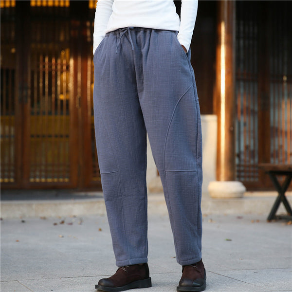 Women Wrinkle Linen and Cotton Lantern Pants With Velvet Inside