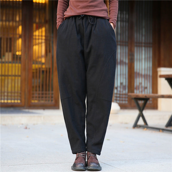 Women Wrinkle Linen and Cotton Lantern Pants With Velvet Inside