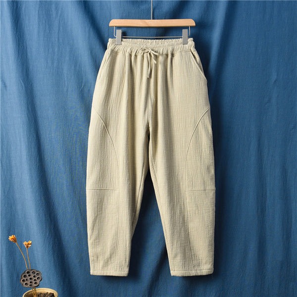Women Wrinkle Linen and Cotton Lantern Pants With Velvet Inside