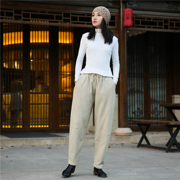 Women Wrinkle Linen and Cotton Lantern Pants With Velvet Inside