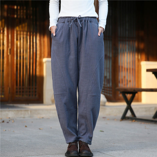 Women Wrinkle Linen and Cotton Lantern Pants With Velvet Inside