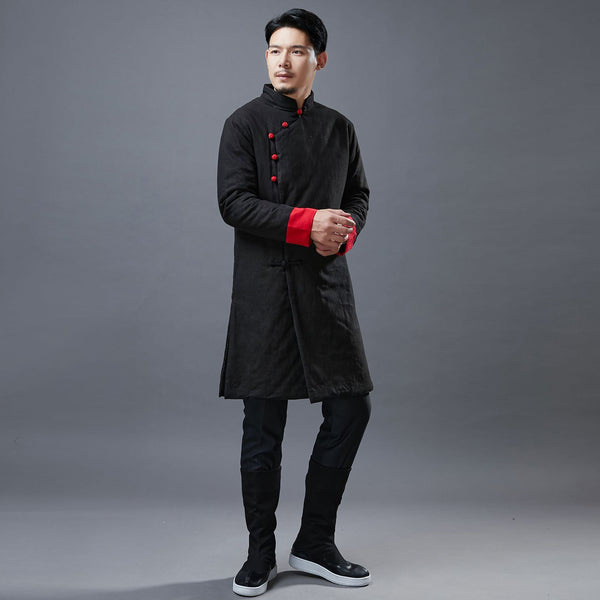 Men Simple Pure Color Style Linen and Cotton Middle Length Side Buckle Quilted Jacket