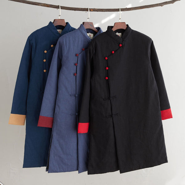 Men Simple Pure Color Style Linen and Cotton Middle Length Side Buckle Quilted Jacket