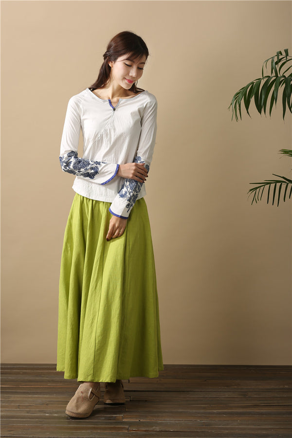 Women Retro Pure Color Loose Linen and Cotton Ankle Length Skirt
