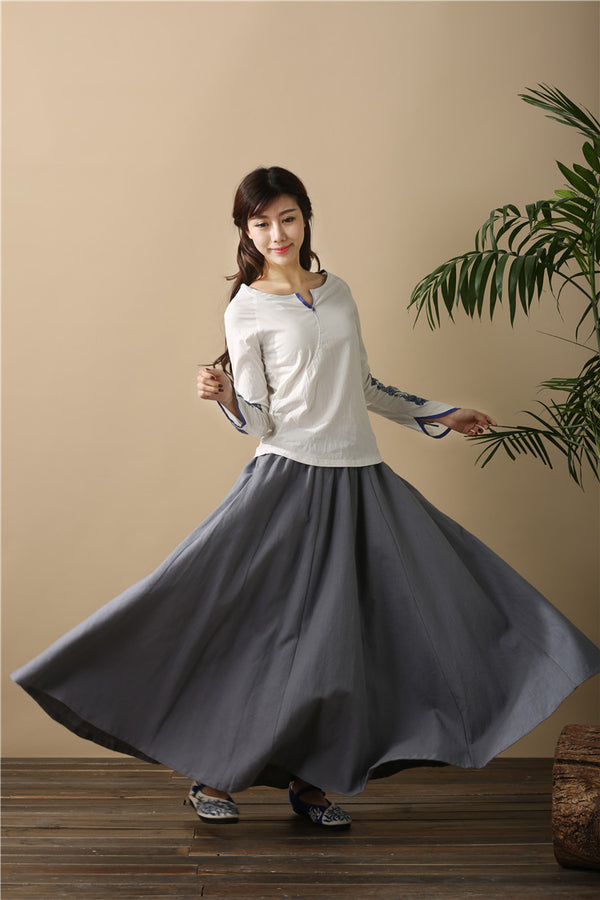 Women Retro Pure Color Loose Linen and Cotton Ankle Length Skirt