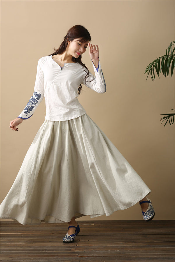 Women Retro Pure Color Loose Linen and Cotton Ankle Length Skirt