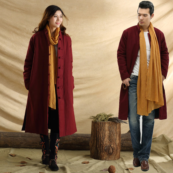 Men/Women Retro Style Long Buckle Linen and Cotton Quilted Coat