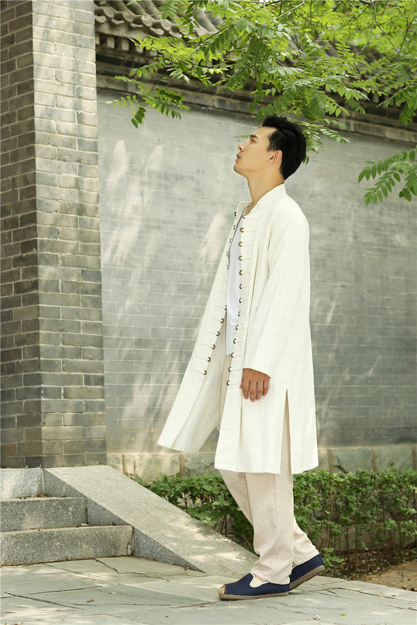 Men Asian Traditional Style KungFu Copper Buckle Linen and Cotton Tunic Coat