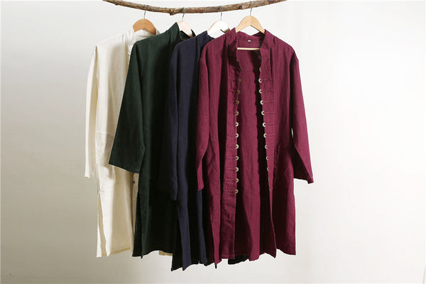 Men Asian Traditional Style KungFu Copper Buckle Linen and Cotton Tunic Coat