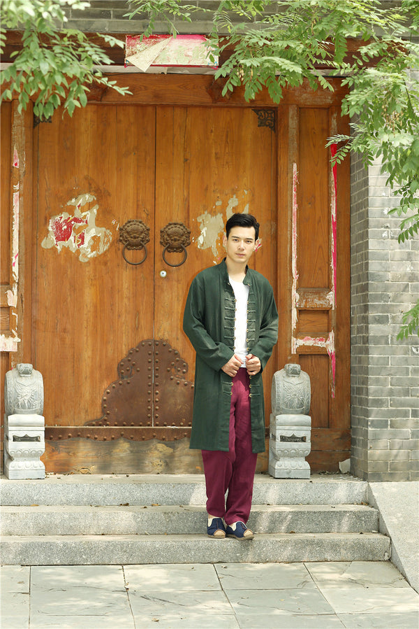 Men Asian Traditional Style KungFu Copper Buckle Linen and Cotton Tunic Coat