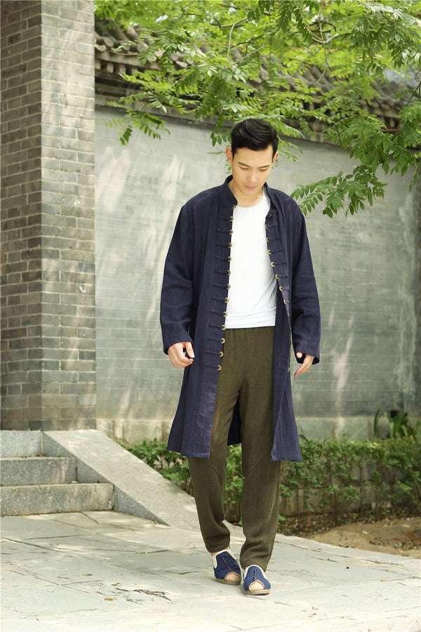 Men Asian Traditional Style KungFu Copper Buckle Linen and Cotton Tunic Coat