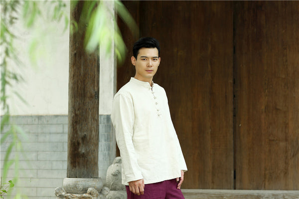 Men Round Neck Loose Long-sleeved Linen and Cotton Tops