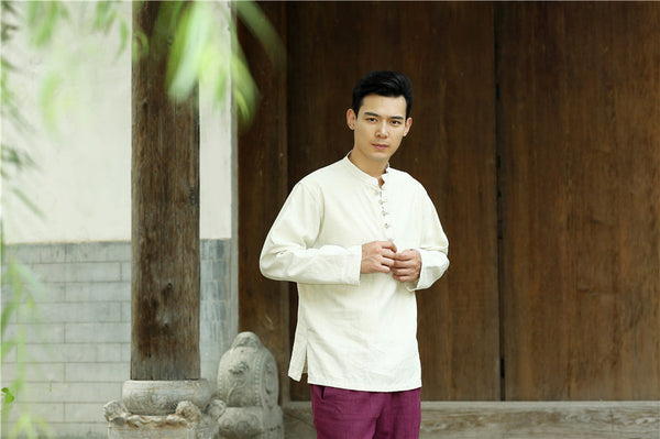 Men Round Neck Loose Long-sleeved Linen and Cotton Tops