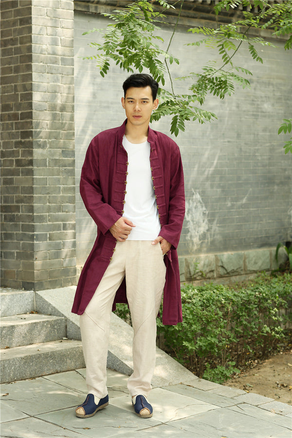 Men Asian Traditional Style KungFu Copper Buckle Linen and Cotton Tunic Coat